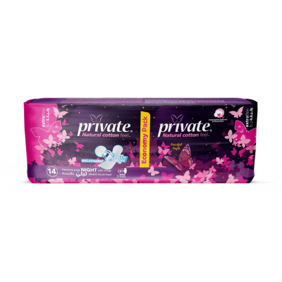 PRIVATE NATURAL COTTON EXTRA THIN NIGHT BREATHABLE FEMININE PADS — 14 FEMININE PADS WITH WINGS